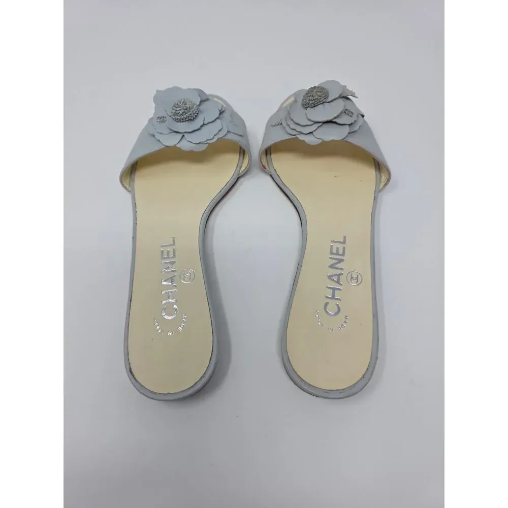 Chanel Camellia Flower CC Logo Sandals Blue Gray Day Leather Slides 36 US 5.5
